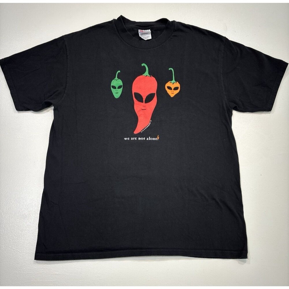 VTG 1996 We Are Not Alone Alien Peppers Albuquerque NM T-Shirt Mens L Black Y2K